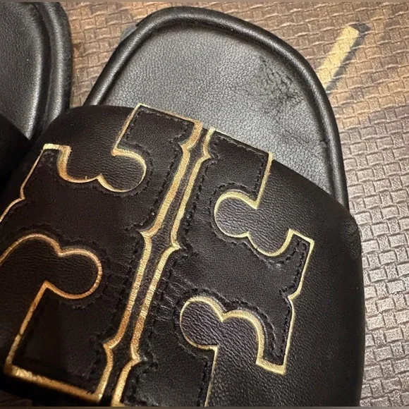 Tory Burch Double T Sport Slides Black Slides with Gold Emblem - Picture 10 of 12